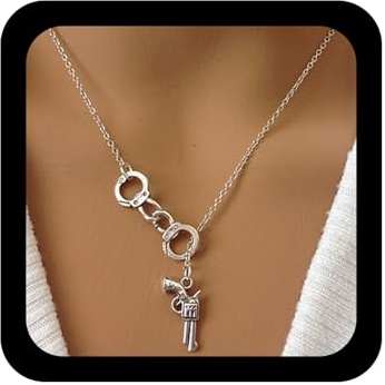 Inilbran Punk Pistole Anhänger Halsketten Silber Revolver Pistole Halskette Kette Vintage Handschellen Halskette Choker Verschränkte Kreis Kette Halskette Schmuck Für Frauen Und Mädchen