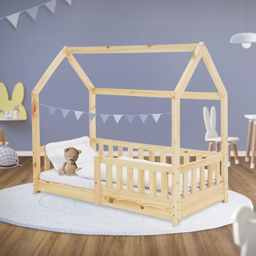 ML-Design Barnsäng 70x140 cm med skydd mot nedfall, tak och spjälstak, natur, barnsäng i massivt trä, sänghus för flickor/pojkar, sänghus av massivt furu, stabil ungdomssäng för barnhus