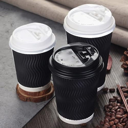 HOT BARGAINS Triple Wall Black Paper Coffee Cups with Reusable Lids, 8oz/230ml Disposable Ripple Cups, Pack of 100