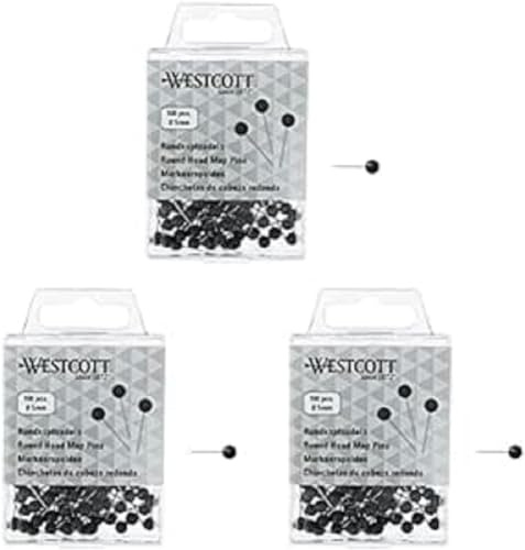 WESTCOTT Rundkopfnadeln, 100 Stück, 5 mm Durchmesser, 16 mm lang, schwarz, E-10502 00, 3er Pack
