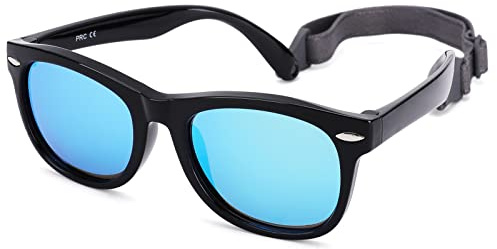 Polarized Baby Sunglasses with Strap - Unbreakable Flexible Infant Sunglasses for Toddlers Age 0-24 Months (Black Frame/Blue Mirrored Lens)