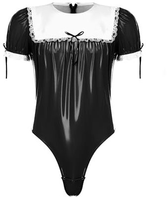 iiniim Herren Wetlook Body Kurzarm Bodysuit Overall Lackleder Stringbody Männerbody Unterhemd Sissy Unterwäsche Schwarz L