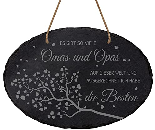 mtb more energy Schiefertafel Oval zum Aufhängen ''Es gibt so viele Omas und Opas ...'' - 22x15 cm - hochwertige Laser Gravur auf Natur-Schiefer - inklusive Kordel - tolles Geschenk für Großeltern