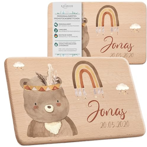 KIDSMOOD - Individuelles Brettchen Kinder Holz, Niedliches Frühstücksbrettchen personalisiert mit Wunschnamen und Bär-Motiv, Als Taufgeschenk und Babygeschenk
