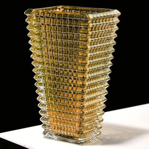 Glass Vase,Amber Square Block Flower Vase Decor for Home Dining Table Living Room Centerpiece,Office Wedding Holiday Party,Handmade Decorative Flower Vase