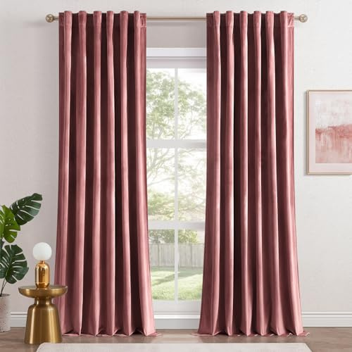 Topfinel 96 Inches Long Blush Velvet Curtains for Living Room,Rod Pocket Back Tab Clip Rings for Windows Solid Color Curtains,96 Length 2 Panel Sets(Malaya Garnet/Dusty Rose)