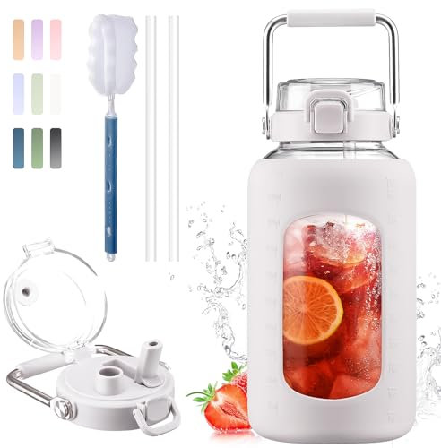 BLUEGO 2500ml Water Bottle Glass with Stainless Steel Handle 2.5L Large Water Bottle with Time Markers and Silicone Sleeve Half Gallon Water Jug BPA Free for Gym Daily Use, White