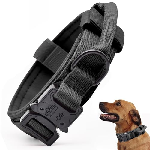 Taktisches Hundehalsband, Verstellbares Militär-Training, Nylon-Hundehalsband mit Kontrollgriff und schwerer Schnellverschluss-Metallschnalle für kleine, mittelgroße und große Hunde, Schwarz XXL