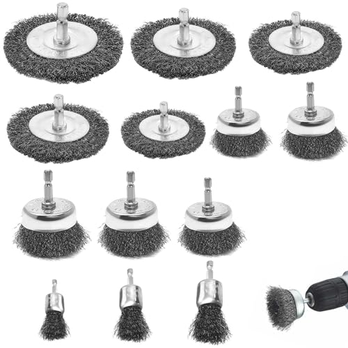 13 Stück Drahtbürste Bohrmaschine, Drahtbürstensatz mit 6 mm Sechskantstange, Wire brush for Drill 19-100mm, für Bohrmaschine Polier, Schleifen, Entrosten, Entgraten