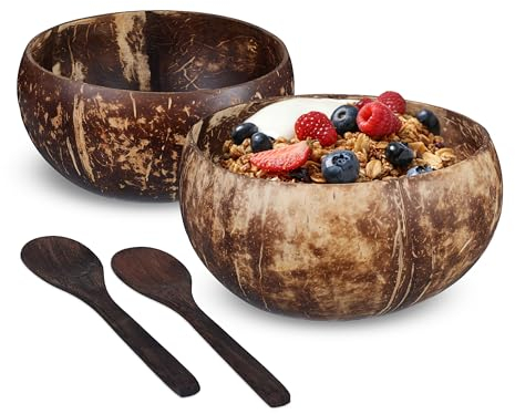 Relaxdays Set di 2 Ciotole in Noce di Cocco, con Cucchiai di Legno, Scodelle per la Colazione, Poke, D: 13 cm, Marrone
