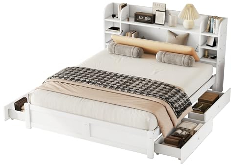 Azkoeesy Doppelbett mit Stauraum 180 x 200 cm Bett mit 4 Schubalden und Polster-Kopfteil mit Stauraum Ablagen, Max 220kg, weiß