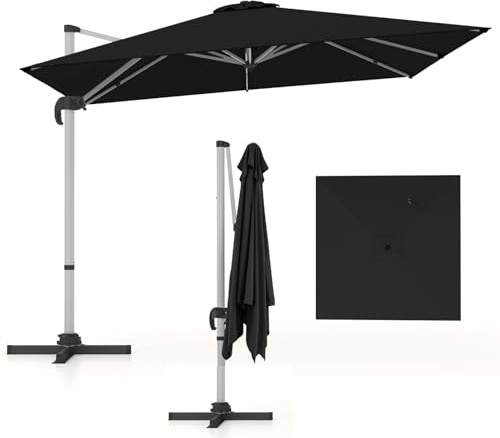 RELAX4LIFE Parasol Déporté 3M pour Patio, Parasol Suspendu Carré Extérieur avec Base en Croix, Rotation à 360°, Inclinaison Facile pour Jardin, Piscine, Terrasse