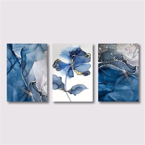 CWBLYZ 3Er-Set Poster Blaue und Goldene Abstrakte Blumen Wandkunst Leinwanddruck Gemälde Wohnzimmer Küche Büro Schlafzimmer Zuhause Raumdekoration Ästhetisch-40 * 60Cm/(16 * 24Zoll) Ohne Rahmen