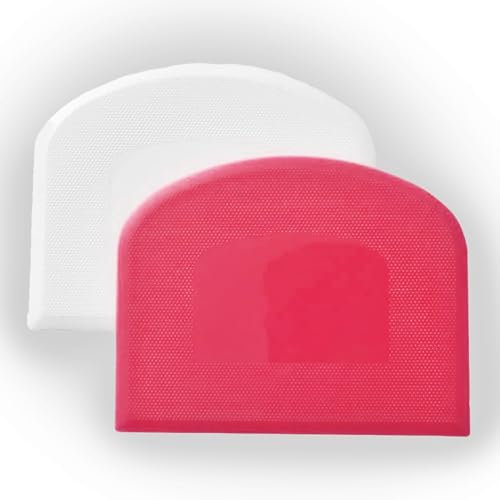 EXPECTRO Dough Scraper Dual Sided, Flexible and Food Grade Plastic Bowl Scraper for Bread, Pizza, Pastry with Measurements, Cream Smoother for Bakers (2Pcs Pink/White)