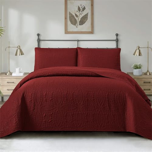 Morbuy Couvre Lit Matelassé 2/1 Personnes, Douce Dessus de Lit avec 2 Taies d'oreiller Léger Couverture Lit Boutis Couvre-Lit Chaud pour Toutes Les Saisons (180 * 220cm,Bourgogne)