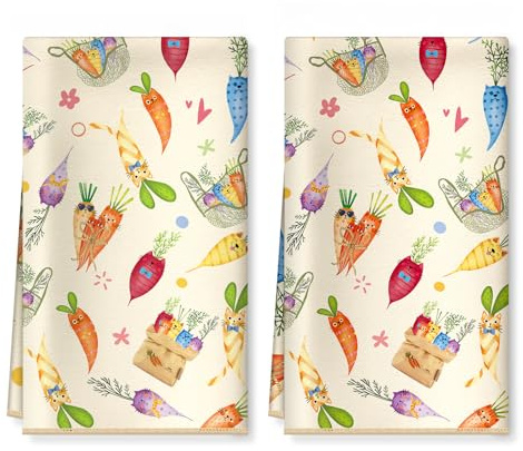 Arquiel Ostern Gemüse Katze Geschirrtücher Mikrofaser 2er-Set 40 x 60 cm | Mikrofaser-Geschirrtücher, Motiv: Ostern Gemüse Katze; saugfähig und pflegeleicht zum Abtrocknen in der Küche.