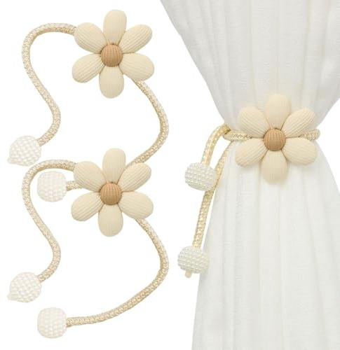 ChAusa 2 Stück Blume Vorhang Raffhalter 83cm Eaffhalter für Vorhänge,Raffhalter für Gardinen,Beige Vorhang Halter Handgewebt Gardinen Kordel für Dekoration Zuhause,Cafe,Büro(Perlenschnalle)