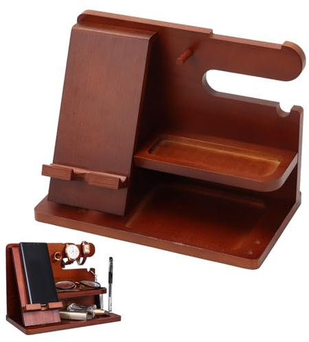 Docking Station in legno per smartphone, Supporto Telefono Compatibilità Universale,Regalo per papà Compleanno, Accessori Smartphone Svuotatasche, Organizzatore Scrivania per Portafoglio, Orologio