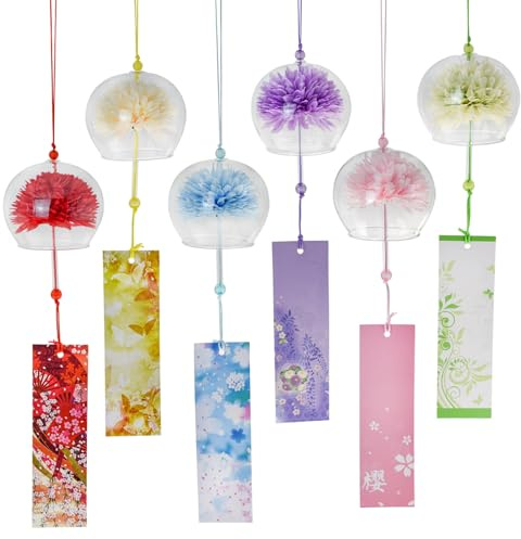 MrMrKura Japanisches Windspiel, buntes Glas-Windspiel mit Etikett, handgefertigt, Glocke, Windspiel, Anhänger für den Außenbereich, Garten, Terrasse, Heimdekoration (Blume)