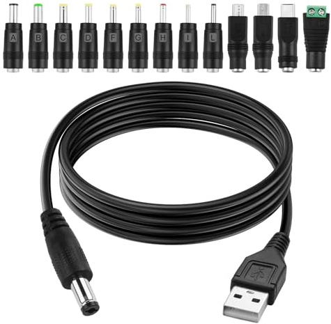 5V 1m USB to DC Power Cable,USB2.0 to D-C 5.5mmx2.1mm Universal Charging Cable with 13 Connector Plugs, Chager Cord DC 5.5 X 2.1mm Plug Adapter for Laptops, Speakers, Power Banks,Keyboard,Routers