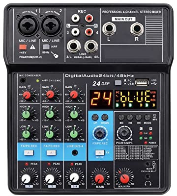 WDWDW Mini mixeur Audio Bluetooth 4 canaux, Carte Son DJ 16 Effets numériques, Console de réduction du Bruit, Enregistrement USB pour Chanter