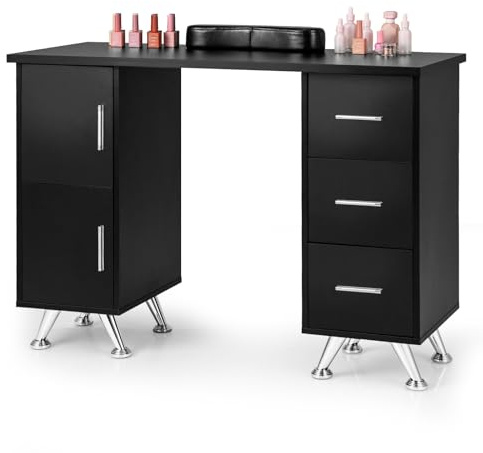GOPLUS Table Manucure Professionnelle, 2 en 1 Bureau et Table Ongulaire, avec Repose-Poignet, 8 Pieds en Métal, 3 Tiroirs, 2 Armoires, Station de Travail en Bois, pour Salon de Beauté (Noir)