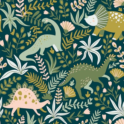 ReWallpaper Papier Peint Dinosaure Enfant Vert Foncé Papier Adhesif pour Meuble Motif Feuille Tropical 44.5CMx3M Film Autocollant Decoratif pour Armoire Stickers Porte Placard Amovible