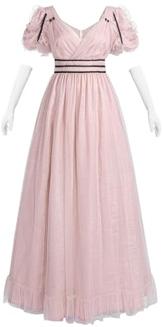 Fiamll Robe Regency Femme Jane Austen Robe en Tulle Robes de Soirée Empire avec Gants Robe de Bal Victorienne Robe de Cocktail Longue pour Femme, Rose, XL