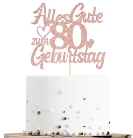 Sumerk Tortenaufsatz zum 80. Geburtstag in Roségold mit Glitzer, Doppelseitige Glitzer Tortendekoration zum 80. Geburtstag – 1 Stück