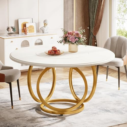 LITTLE TREE Runder Esstisch für 4-6 Personen – Moderner Küchentisch 120cm mit marmorierter MDF-Tischplatte und Golden Metallbeinen für Wohnzimmer, Esszimmer und Küche