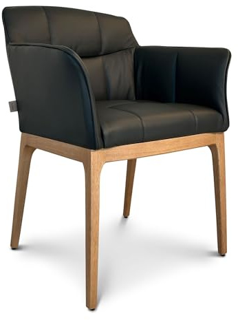 SIX Echtleder Esszimmerstuhl Armlehnenstuhl - Zeta - Design ideal für Esszimmer, Küche & Wohnzimmer - Fertig montiert, bis 150 kg - Gastronomie-Qualität (Braun Eiche)