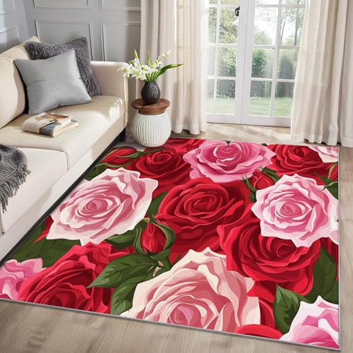MMYAOKEN Rote Rosen Teppich Wohnzimmer 140x200 Blumen Botanisch Deko, Teppich Kurzflor, Weich rutschfest Waschbare Teppiche, Bettvorleger Schlafzimmer Kinderzimmer