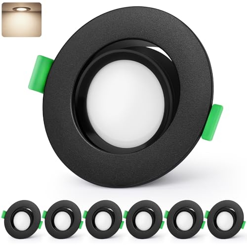 GeyouLux LED Einbaustrahler 230V IP44, 5W 4000K Neutralweiß Deckenspots | 45° Schwenkbar 68-80mm EinbauØ Einbauleuchten, Ultra Flach Einbauspots für Badezimmer Küche Rund Schwarz LED Spots 6er Set