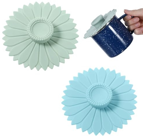 2 Pcs Sunflower Silicone Cup Covers, Cup Covers for Drinks for Safety, Silicone Lids for Cups, Blue Green Cups Lids, Flexible Mug Cover Outdoor for Hot Drinks, Tea, Coffee
