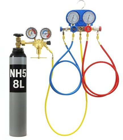 Bestschweissen.de Klimaanlage Monteurhilfe Gauge Set - Kältemittel Manifold Messgerät Set - Schutzgasflasche 8L/10L Stickstoff für Klimaanlage R134A R410A R22 - Manometer 1/4 Zoll