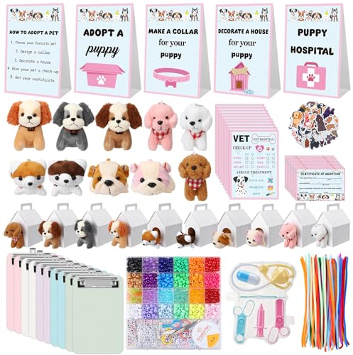 Guiqulai 207 Pcs Adopt a Puppy Party Favors Pet Adoption Station Package Include 10 Mini Plush Dogs 10 Boxes and 187 Adopt a Puppy Supplies for Dog Party Supplies Gifts Cute Style