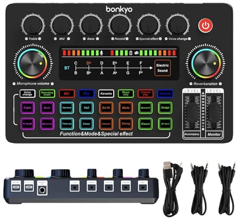 F999X Live Sound Card, Professional Audio Mixer & Noise Reduction, Electronic Music Adjustment & Battery Display, Audio Interface & Voice Changer, RGB Effects, DJ Mixer for Gaming/Podcasting/Karaoke