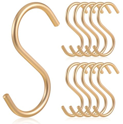 Exircy Metal Large S Hooks for Hanging, 10 Pieces Aluminum S Coffee Mug Hooks Heavy Duty Curtain Shower Hook Mutil Purpose S-Shaped Jean Hook for Closet Hanging Plants Clothes Jeans Outdoors, Gold