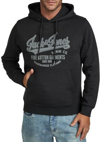 JACK & JONES Hoodie herr regular fit JJEADRIAN huvtröja tröja tryck svart grå grön brun beige blå S M L XL XXL 3XL, Svart (Jack & Jones), 5XL