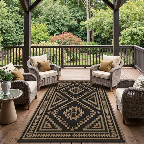 GENIMO Tappeto per Esterni 9x12 FT (270x360 cm), Impermeabile e Reversibile, Losanga Motivo Nero e Marrone per Terrazza XL, Giardino, Eventi – Design Boho Chic