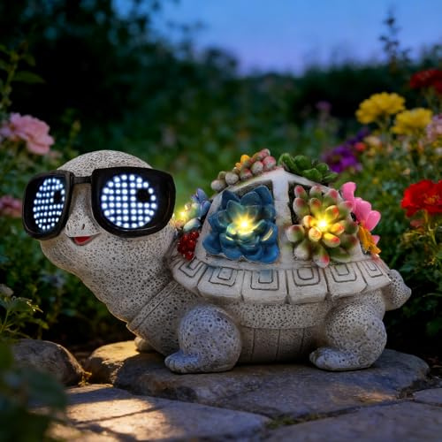 Solar Gartenfiguren Schildkröte Gartendeko für Draußen, Wetterfeste Schildkröte Gartenfigur mit Sukkulenten & LED Leuchten, Geschenk für Mama/Frauen, Deko für Balkon, Terrasse und Rasen