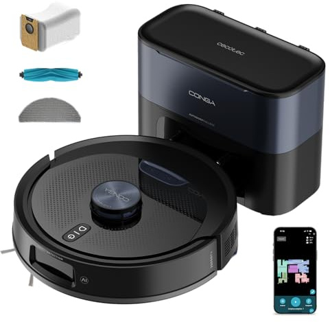 Cecotec Robot Aspirador y Friegasuelos con Base Autovaciado e IA Conga Y90 Dark. Navegación Láser, 25000Pa, Autonomía 240min, Cepillo Silicona para Mascotas, Bolsa de Polvo 3L, Bluetooth y WiFi, App
