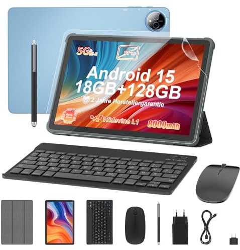 Tablet 11 Zoll mit Tastatur: Android 15 8000mAh Octa-Core 18GB+128GB 2TB TF Tablet PC - WiFi 6 BT 5.2 1280*800 FHD+IPS 13MP+5MP Kamera mit Maus, Usb C, Adapter, Hülle, OTG-Adapter, Stift, Schutzfolie