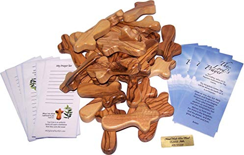 Holy Land Market Olive Wood Crosses - 25 Small 2.5 Pocket Palm Crucifix | Handmade Jerusalem Crosses with Certificates & Lord Prayer Card | Meditation & Prayer Crosses Holy Land Olive Wood Cross x25