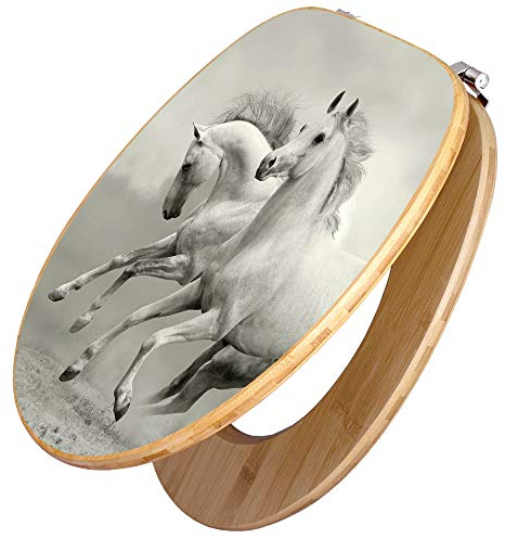 banjado Design WC Sitz Bambus 45x37,5cm / Toilettendeckel Holz/hochwertiger Toilettensitz/Bambus-Toilettendeckel für alle gängigen Toiletten - Wilde Pferde SW
