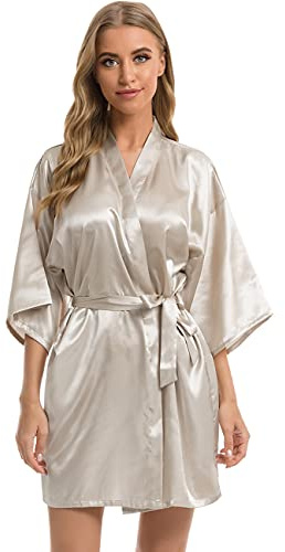 Vlazom Kimono för damer, morgonrock, kort satin badrock med bälte, v-ringad kimono, S