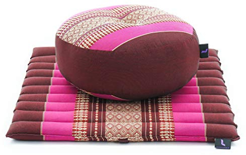 Leewadee Meditation Cushion Set – 1 Small Zafu Yoga Pillow and 1 Small Roll-Up Zabuton Mat Filled with Kapok, Auburn Pink