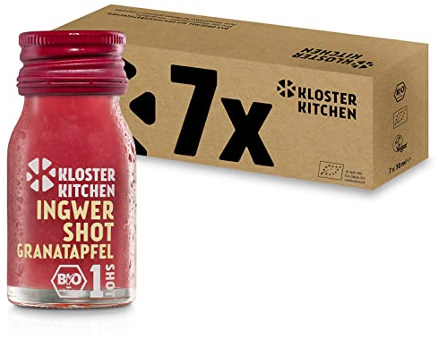 Kloster Kitchen Bio Ingwer Shot Granatapfel 1SHOT 7 x 30 ml mit echten Ingwerstückchen I Ingwershot vegan in der To Go Glasflasche I süß-scharf ohne Zusatzstoffe & mit natürlicher Süße