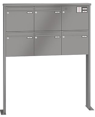 RENZ/Tetro / 5er Freistehende Briefkastenanlage Standbriefkasten mit Sprechfeld/RAL-Farbe 9007 Volumen 1/mit Fußplatten/Dein-Briefkasten.de