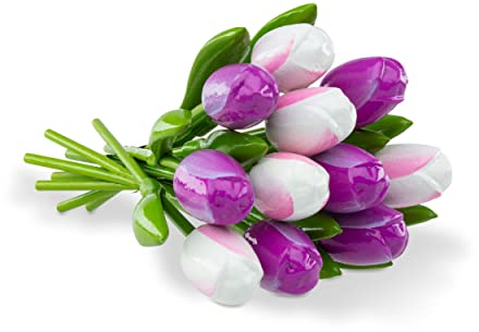 MomoMoments Bouquet in legno viola/bianco, 11 tulipani in legno, 34 cm di altezza, dipinto a mano, bouquet, fiori in legno, festa della mamma, regalo da donna, made in Olanda